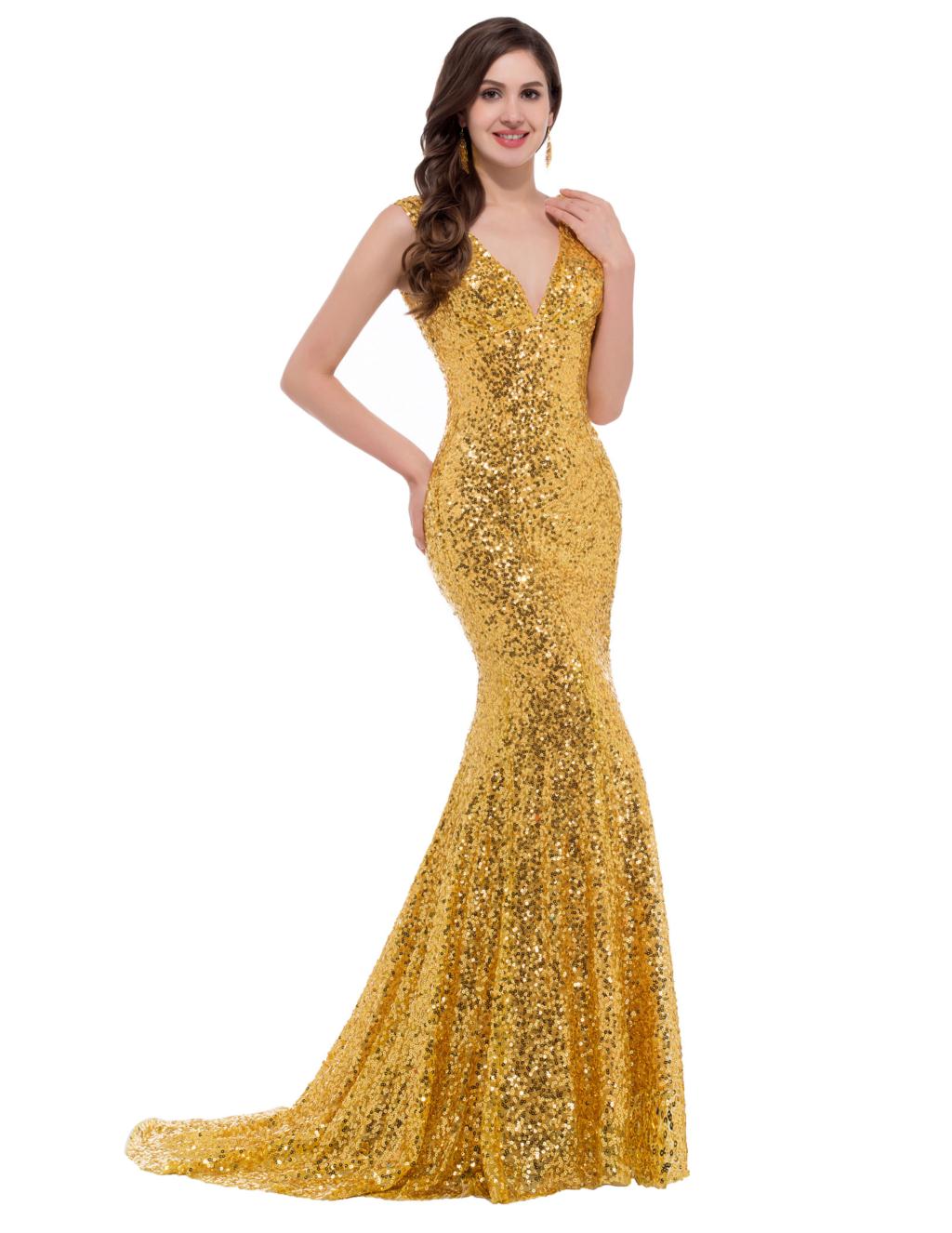 Bling Bling Gold Prom Dresses Long Prom Dress Mermaid Prom Gown V Neck Sequin Evening Dress Slim