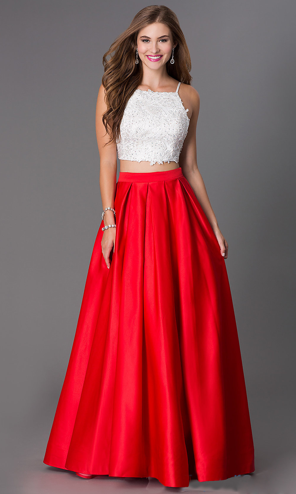 Sexy Red Long 2 Piece Prom Dresses 2016 O Neck Appliques Lace Prom